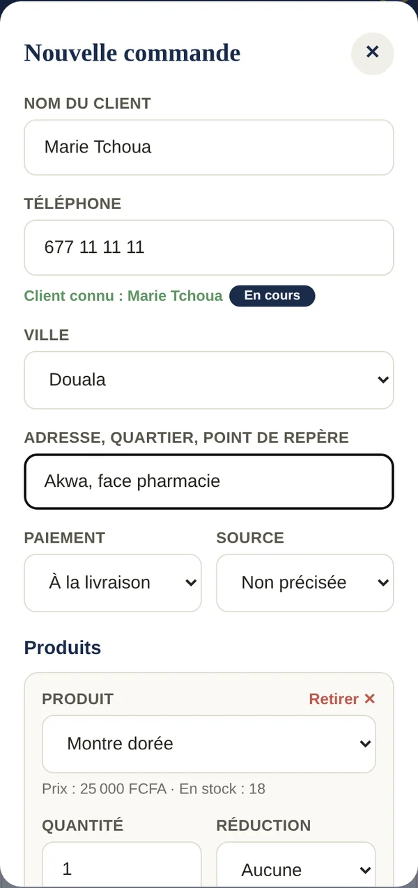Création d'une commande dans Karrnet : un client déjà connu est reconnu