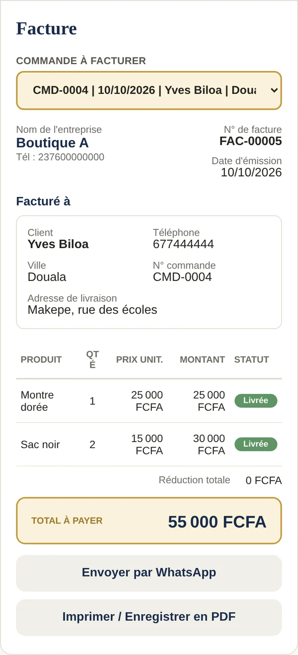 Facture Karrnet : deux produits, total à payer 55 000 FCFA