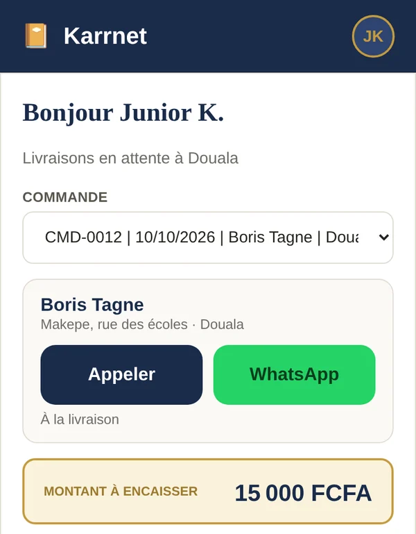 Écran du livreur dans Karrnet : appeler le client, montant à encaisser, statut de la course