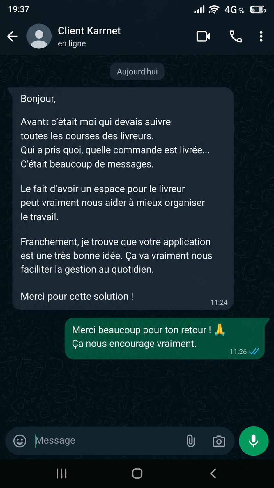 Témoignage WhatsApp d'un client Karrnet