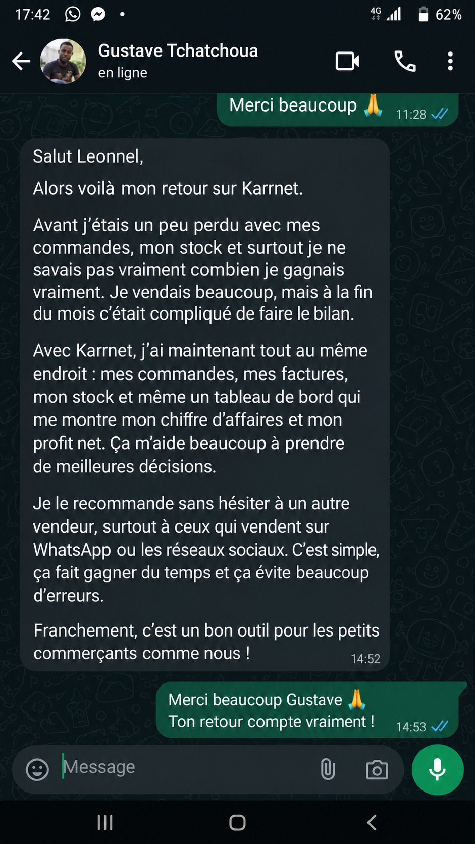 Témoignage WhatsApp de Gustave